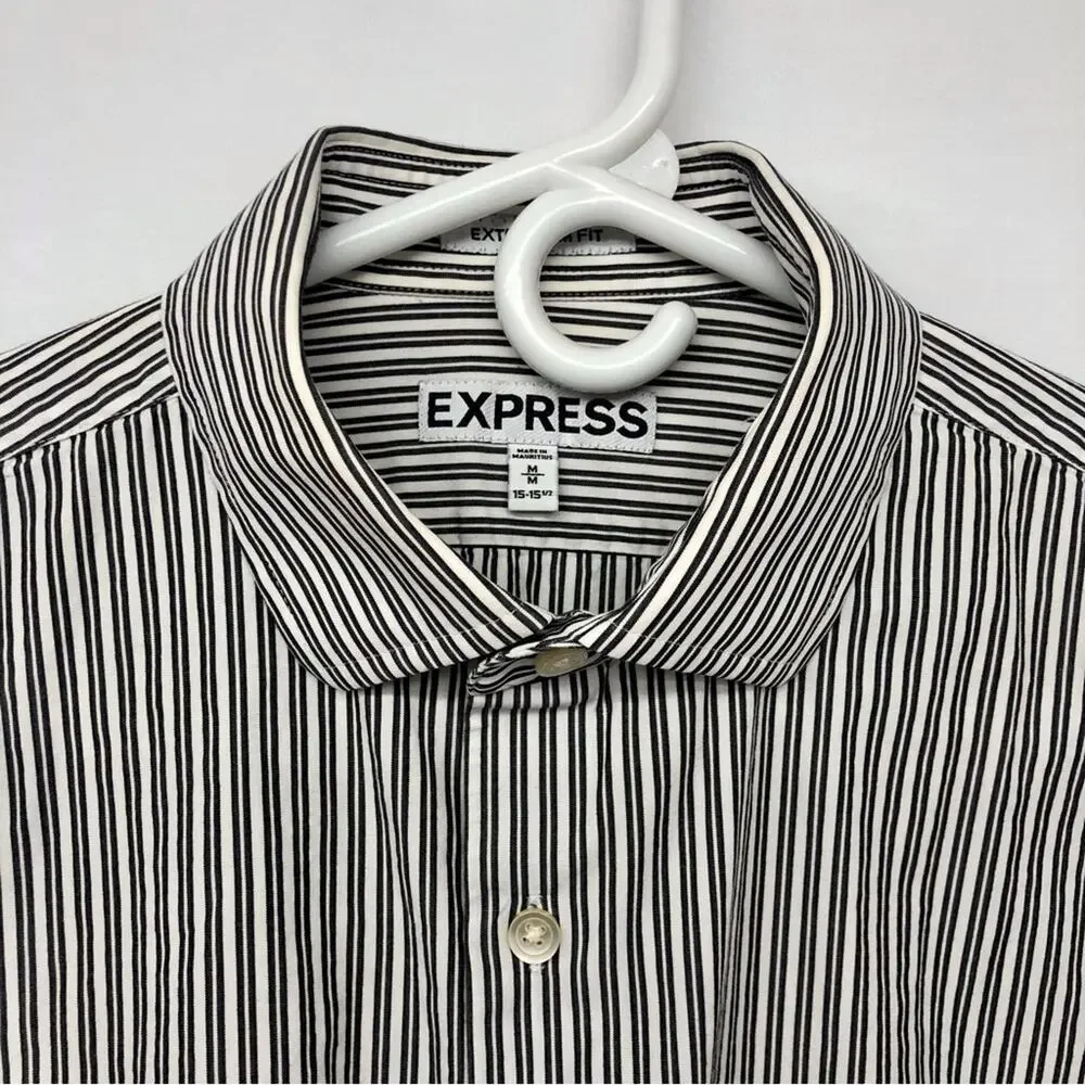 Men's Express Extra Slim Fit Black White Stripe Long Sleeve Button Front Shirt